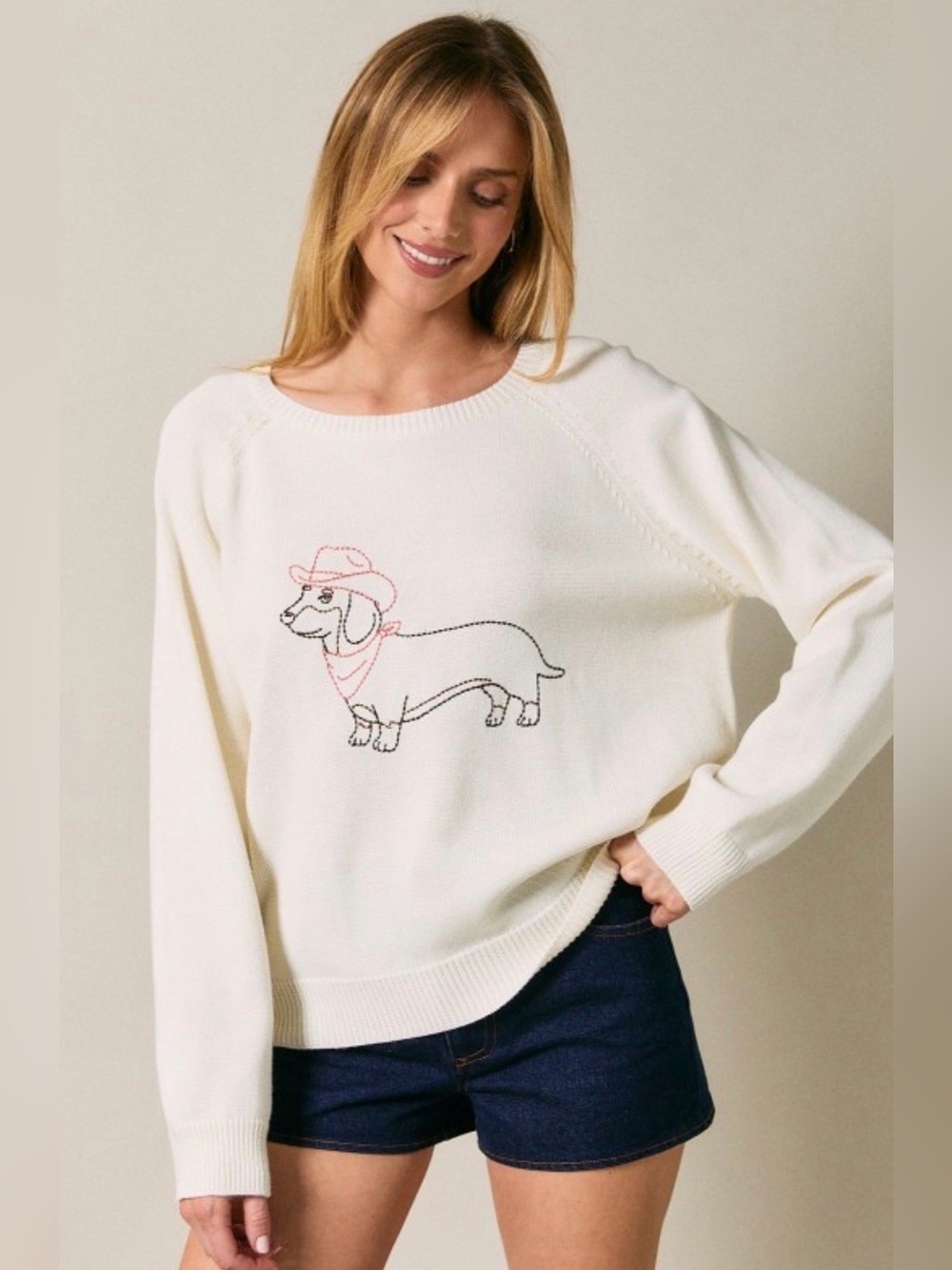 310 Cream Dachshund Embroidered Crewneck Sweater